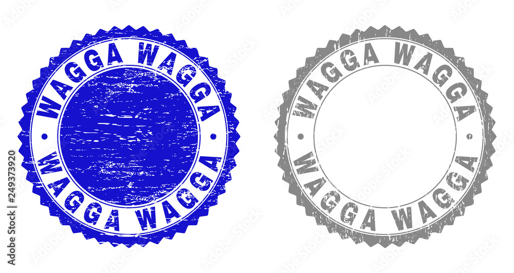 Obraz premium Grunge WAGGA stamps isolated on a white background. Rosette seals with grunge texture in blue and grey colors. Vector rubber watermark of WAGGA text inside round rosette.