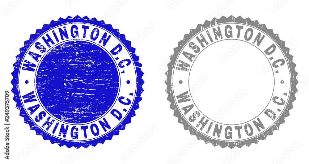 Obraz premium Grunge WASHINGTON D.C. stamp seals isolated on a white background. Rosette seals with grunge texture in blue and grey colors. Vector rubber overlay of WASHINGTON D.C. text inside round rosette.
