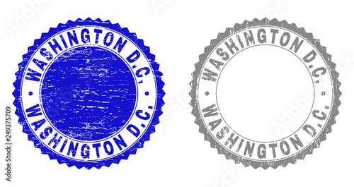 Grunge WASHINGTON D.C. stamp seals isolated on a white background. Rosette seals with grunge texture in blue and grey colors. Vector rubber overlay of WASHINGTON D.C. text inside round rosette.