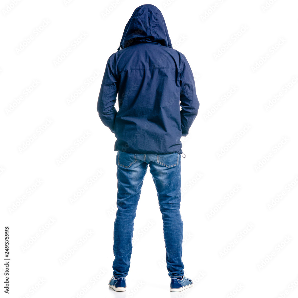 Premium Vector  Young man in warm clothes standing back view boy wearing  ripped jeans person in hat hoody people in urban outfit looks away male  street style flat isolated vector illustration