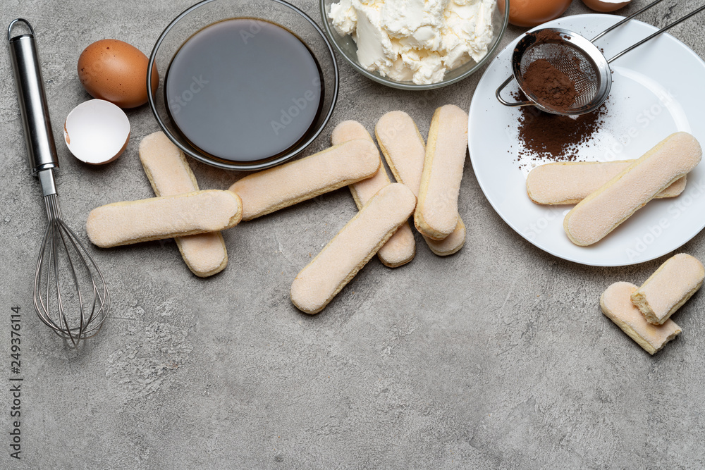 frame made of Ingredients for making traditional Italian dessert Tiramisu frame made of Ingredients for making traditional Italian dessert Tiramisu