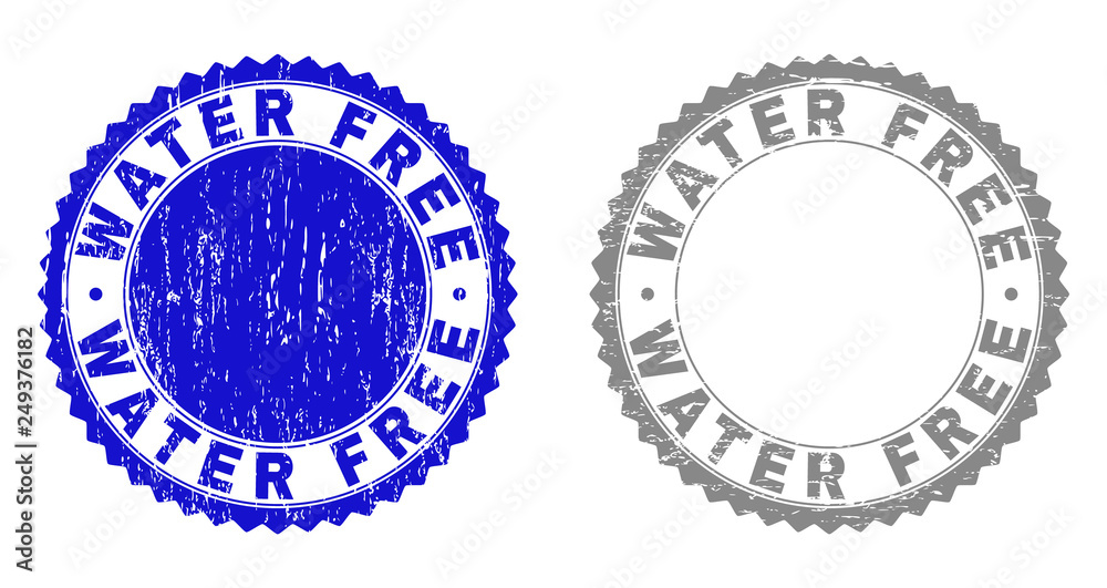 Grunge WATER FREE stamp seals isolated on a white background. Rosette seals with grunge texture in blue and gray colors. Vector rubber stamp imitation of WATER FREE title inside round rosette. Grunge WATER FREE stamp seals isolated on a white background. Rosette seals with grunge texture in blue and gray colors. Vector rubber stamp imitation of WATER FREE title inside round rosette.