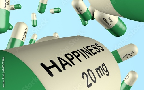 3d illustration antidepressant with word happiness pill close up photo
