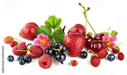 Fototapeta Naklejka Na Ścianę i Meble -  Set fresh berry. Mix summery fruit raspberry strawberry currant blueberry and wild strawberry with green leaf still life, isolated on white background.