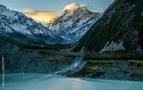 View of the highest mountain of New Zealand Aoraki/Mount Cook. Located in Aoraki/Mount Cook National Park, South Island. Sunset over the snow covered mounatin. Tourist popular attraction/destination. © Dajahof