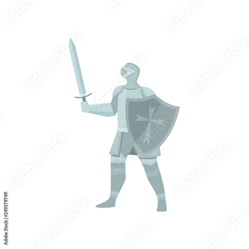 The figure of a knight in gray armor, a sword and a shield on a white background