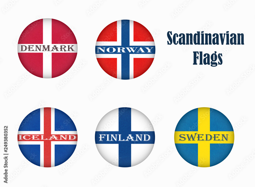 Flags of Scandinavia in circle shape. Scandinavian northern states. Isolated button with scratched texture, grunge. Illustration with marble textured background. Nordic countries banners icons. Flags of Scandinavia in circle shape. Scandinavian northern states. Isolated button with scratched texture, grunge. Illustration with marble textured background. Nordic countries banners icons.