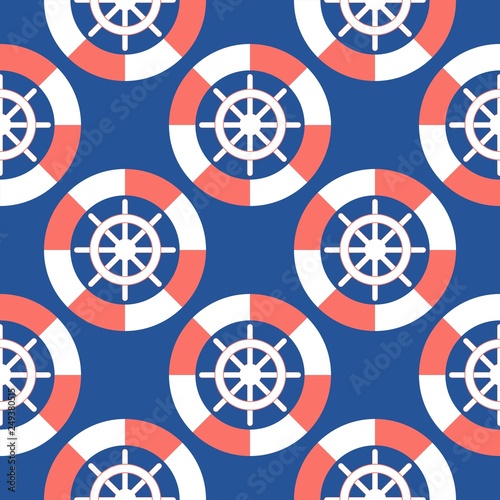 Modern flat seamless pattern with nautical pattern steering wheel lifebuoy. Living coral color 2019 Pantone. for wallpaper design.