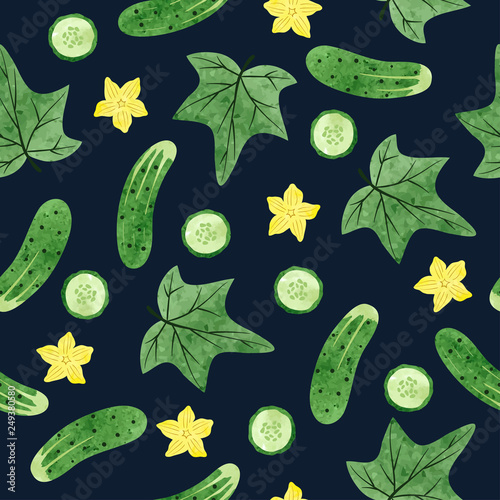 Seamless watercolor cucumber pattern. Vector green vegetable background