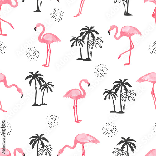 Seamless tropical pattern with watercolor flamingo and palm trees.