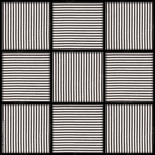 black and white squares with direct lines forming bigger square with 3D look and black frames
