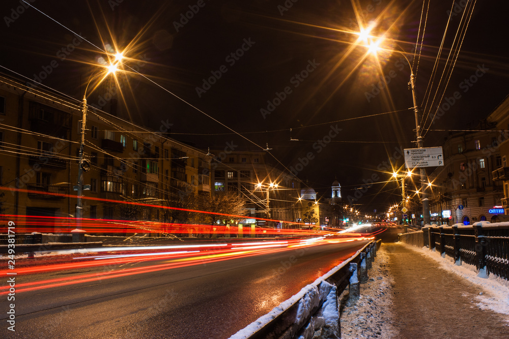 traffic in the city at night, движение в ночном городе Тверь