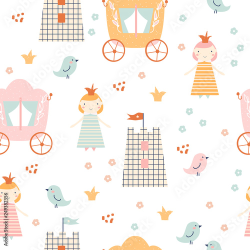 Childish seamless pattern with cute princess and carriage. Pastel nursery print. Vector hand drawn illustration.