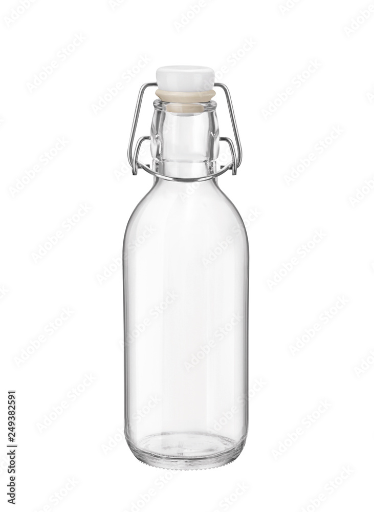 Small empty glass swing top bottle isolated on white background. Side view. Small empty glass swing top bottle isolated on white background. Side view.