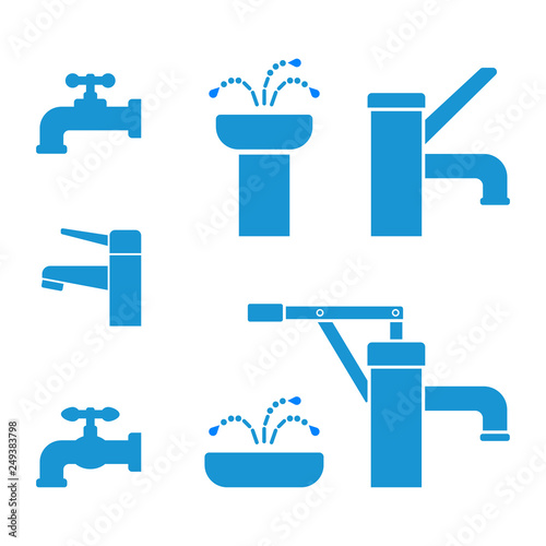 Water faucet, fountain, old water pump, set of icons. Blue. Vector illustration.