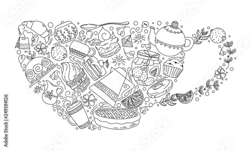 Set of items and food for tea in the form of a tea Cup. Doodle. Vector