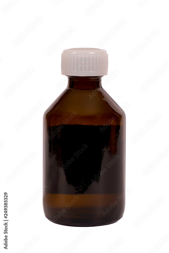 Brown glass bottle with white lid, on white background, isolated Brown glass bottle with white lid, on white background, isolated