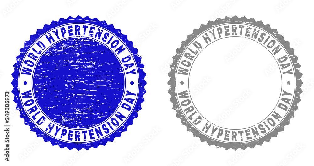 Grunge WORLD HYPERTENSION DAY stamp seals isolated on a white background. Rosette seals with grunge texture in blue and gray colors. Grunge WORLD HYPERTENSION DAY stamp seals isolated on a white background. Rosette seals with grunge texture in blue and gray colors.