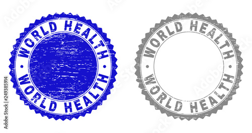 Grunge WORLD HEALTH stamp seals isolated on a white background. Rosette seals with grunge texture in blue and grey colors. Vector rubber stamp imitation of WORLD HEALTH tag inside round rosette.