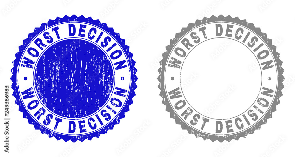 Grunge WORST DECISION stamp seals isolated on a white background. Rosette seals with grunge texture in blue and grey colors. Grunge WORST DECISION stamp seals isolated on a white background. Rosette seals with grunge texture in blue and grey colors.