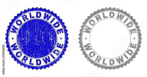Grunge WORLDWIDE stamp seals isolated on a white background. Rosette seals with grunge texture in blue and grey colors. Vector rubber overlay of WORLDWIDE text inside round rosette.