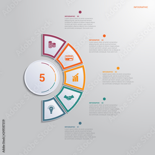 Template for infographics with 5 text area positions. diagram with multi-colored elements of a semicircle around a circle