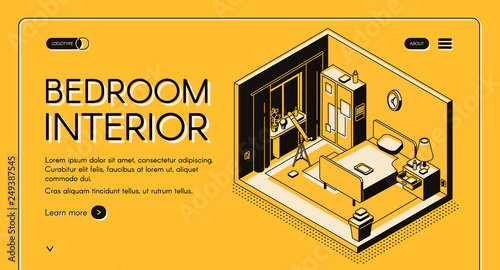 Interior design atelier, furniture online store isometric vector web banner or landing page. Bedroom cross section interior with wardrobe, single bed and telescope near window line art illustration