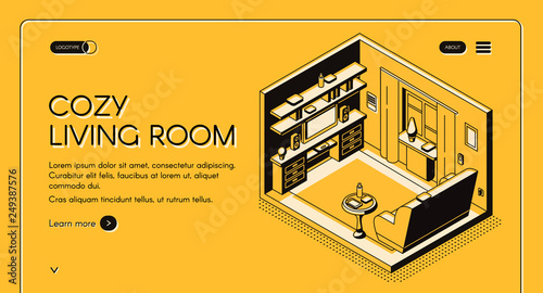 Real estate agency isometric vector web banner. Cozy living room cross section interior with soft sofa, coffee table and TV on stand line art illustration. Home furniture store landing page template