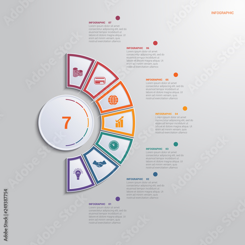 Template for infographics with 7 text area positions. diagram with multi-colored elements of a semicircle around a circle