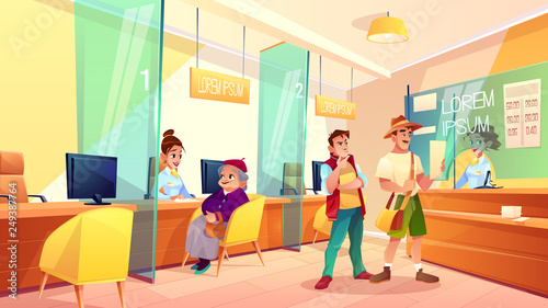 Bank reception area cartoon vector. Granny talking with financial consultant, clients standing in line, exchanging currency in cash register illustration. Pension savings, deposit in bank concept