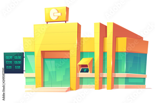 Bank contemporary building with currency exchange rates on digital indicator panel and ATM cash machine on wall, financial institution office entrance cartoon vector icon isolated on white background