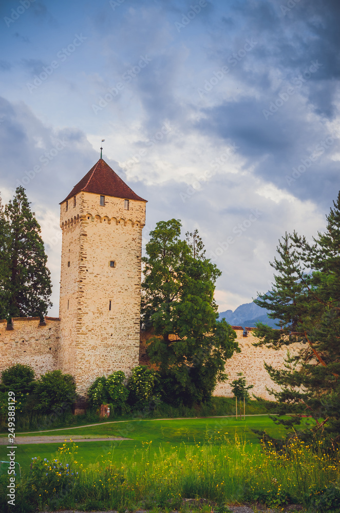 Old city wall and towers in Luzern, Switzerland