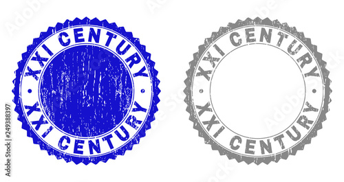 Grunge XXI CENTURY stamp seals isolated on a white background. Rosette seals with grunge texture in blue and grey colors. Vector rubber stamp imitation of XXI CENTURY text inside round rosette.