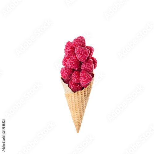 ice cream cone with raspberries isolated on a white background