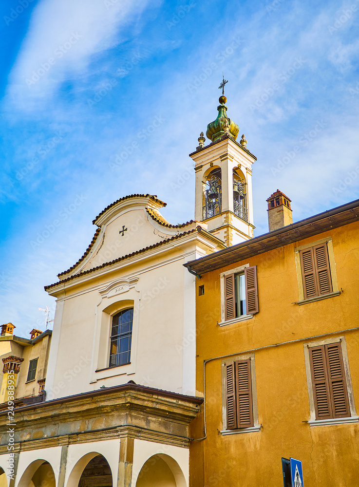 Main facade of The Chiesa di San Lazzaro Church. View from Via St. Lazzaro street. Citta Bassa, Bergamo, Lombardy, Italy.