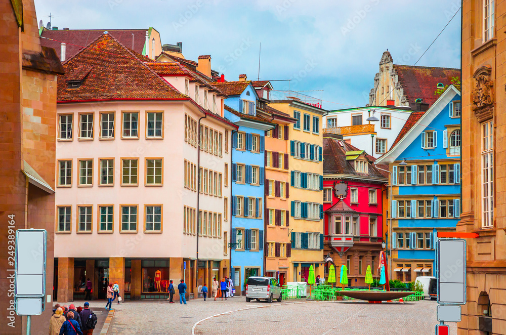 Beautiful cozy street in the city center of Zurich, Switzerland
