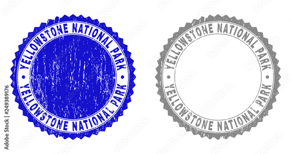 Grunge YELLOWSTONE NATIONAL PARK stamp seals isolated on a white background. Rosette seals with distress texture in blue and grey colors. Grunge YELLOWSTONE NATIONAL PARK stamp seals isolated on a white background. Rosette seals with distress texture in blue and grey colors.