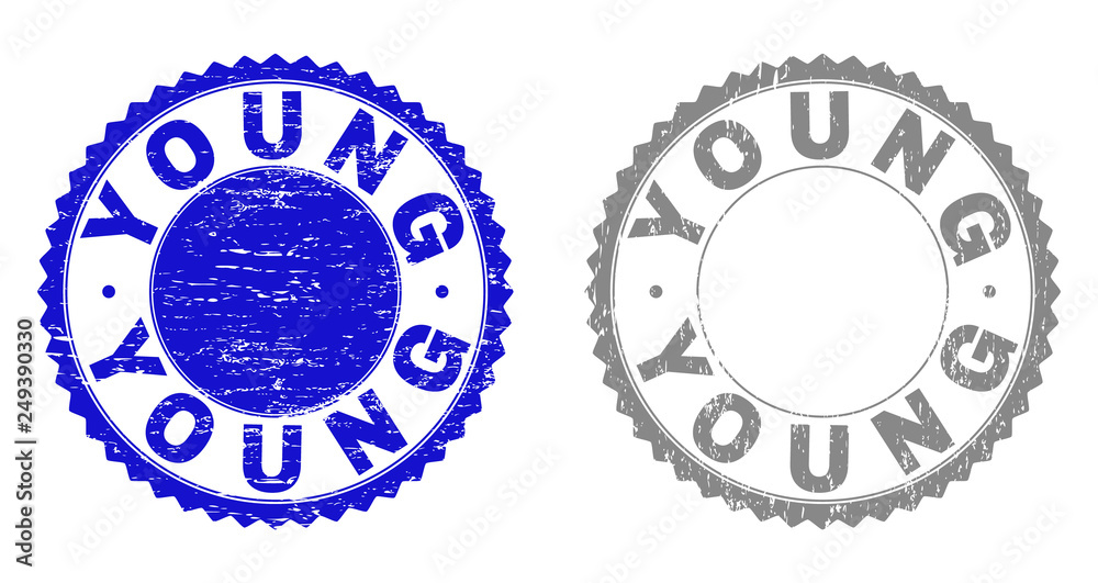 Grunge YOUNG stamp seals isolated on a white background. Rosette seals with grunge texture in blue and grey colors. Vector rubber stamp imprint of YOUNG text inside round rosette. Grunge YOUNG stamp seals isolated on a white background. Rosette seals with grunge texture in blue and grey colors. Vector rubber stamp imprint of YOUNG text inside round rosette.