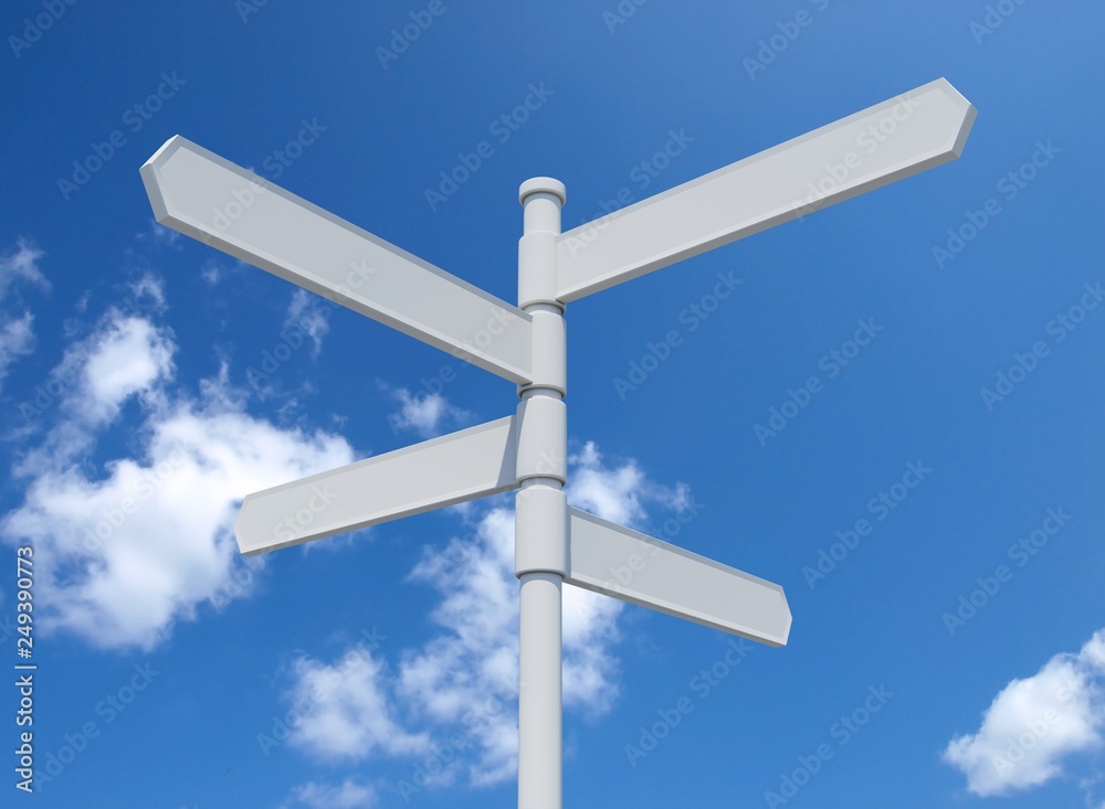 White blank signpost isolated on blue sky. White blank signpost isolated on blue sky 3d illustration.. White blank signpost isolated on blue sky. White blank signpost isolated on blue sky 3d illustration..
