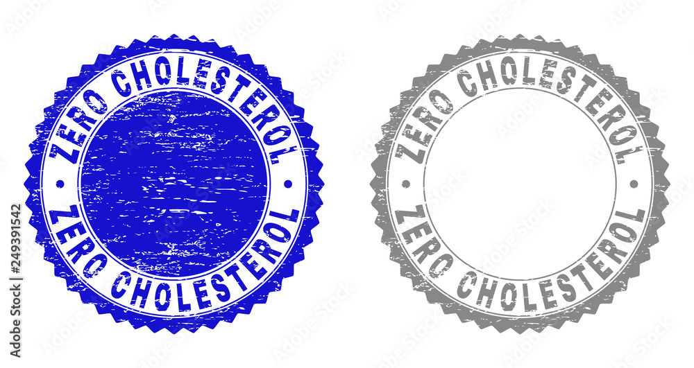Grunge ZERO CHOLESTEROL stamp seals isolated on a white background. Rosette seals with grunge texture in blue and gray colors.
