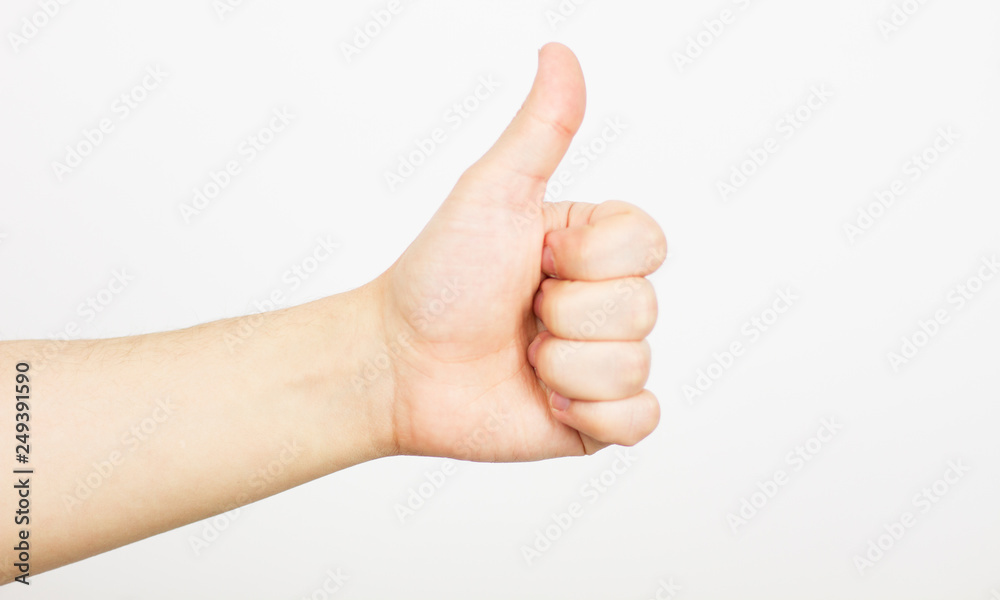 Okay approve accept fine super first validation positive happy concept. Side profile close up view photo of thumb-up isolated on white background - selective focus