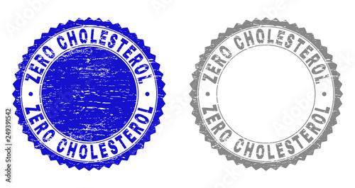 Grunge ZERO CHOLESTEROL stamp seals isolated on a white background. Rosette seals with grunge texture in blue and gray colors.