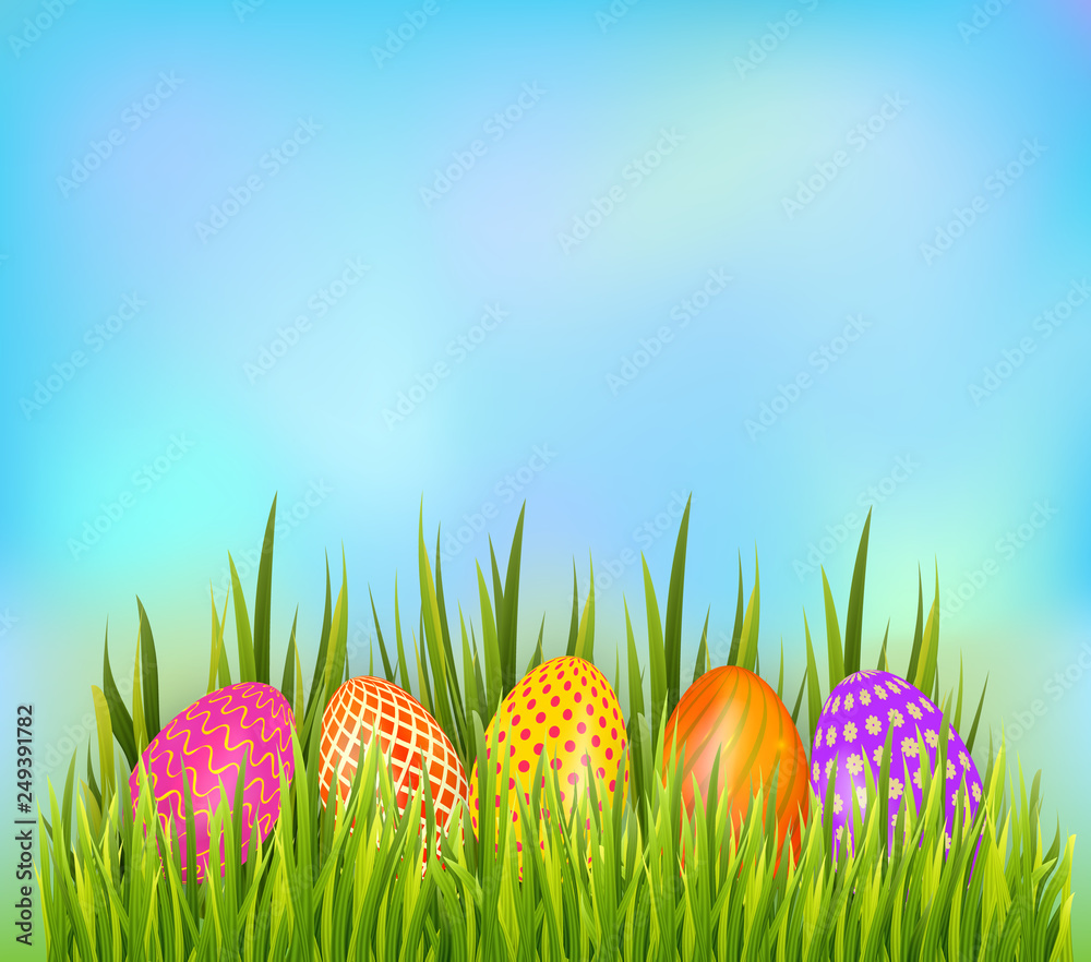 Row of decorated Easter eggs hiding in grass on sky background. Bottom border element. Vector illustration Row of decorated Easter eggs hiding in grass on sky background. Bottom border element. Vector illustration