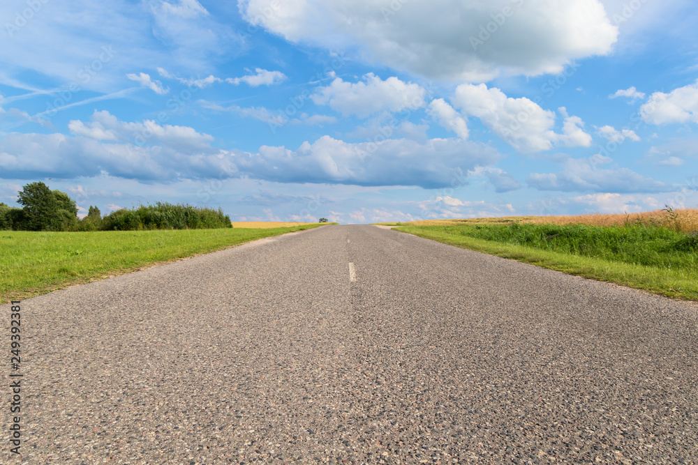 Fototapeta premium Straight road extending beyond the horizon to a beautiful blue sky with ornate clouds.