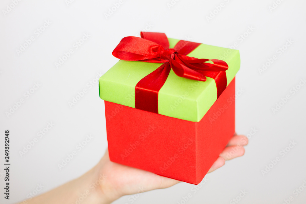 Fototapeta premium Hands holding beautiful gift box, female giving gift isolated, mock up