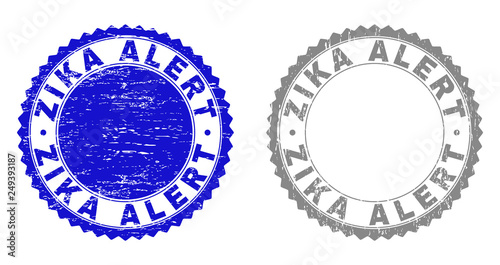 Grunge ZIKA ALERT stamp seals isolated on a white background. Rosette seals with distress texture in blue and grey colors. Vector rubber stamp imitation of ZIKA ALERT title inside round rosette.