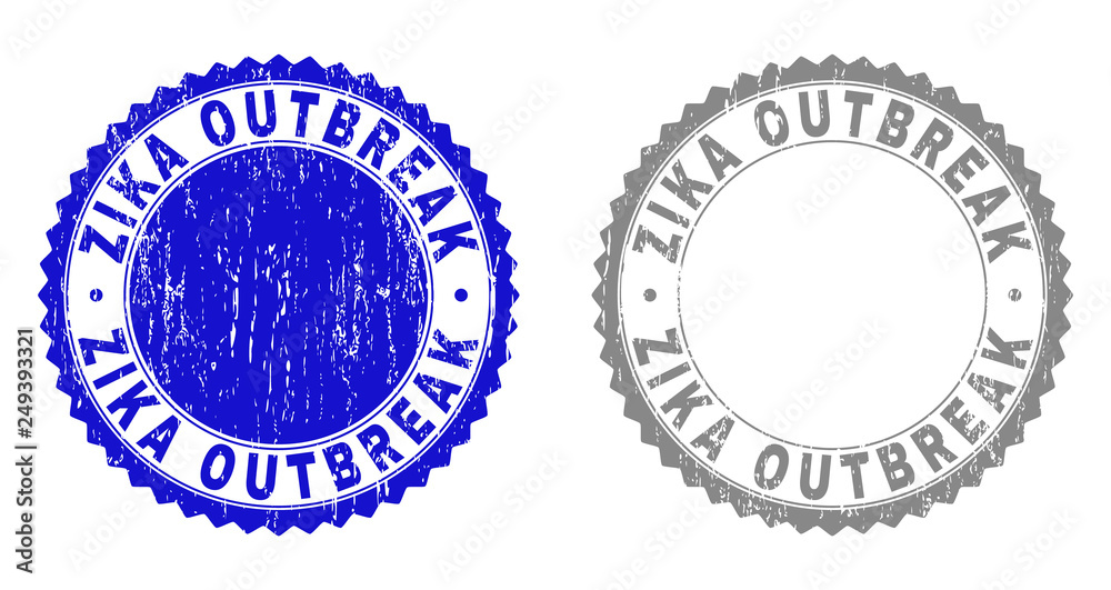 Grunge ZIKA OUTBREAK stamp seals isolated on a white background. Rosette seals with distress texture in blue and grey colors. Vector rubber stamp imprint of ZIKA OUTBREAK text inside round rosette.