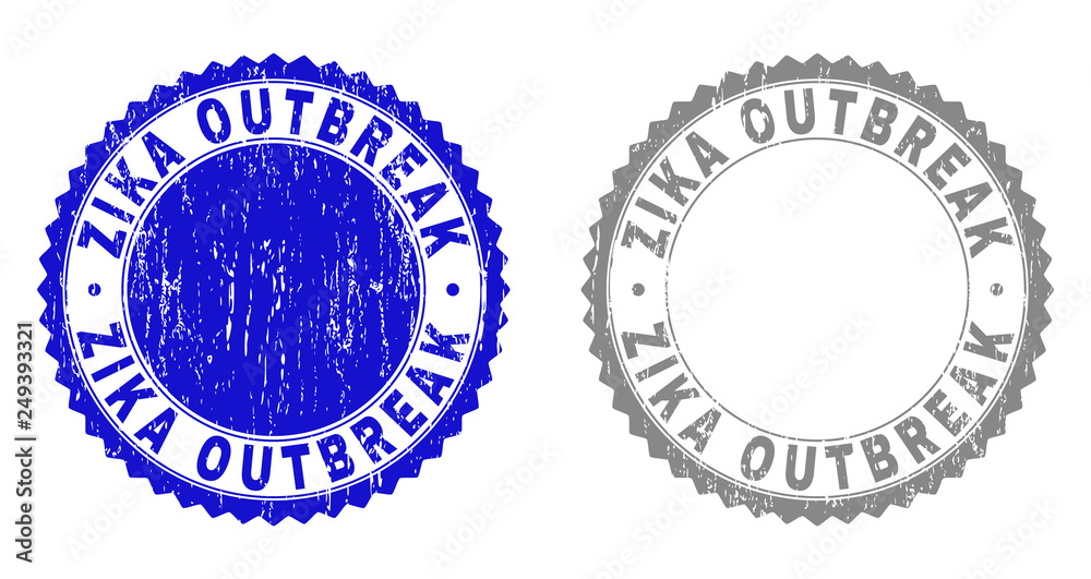 Grunge ZIKA OUTBREAK stamp seals isolated on a white background. Rosette seals with distress texture in blue and grey colors. Vector rubber stamp imprint of ZIKA OUTBREAK text inside round rosette. Grunge ZIKA OUTBREAK stamp seals isolated on a white background. Rosette seals with distress texture in blue and grey colors. Vector rubber stamp imprint of ZIKA OUTBREAK text inside round rosette.