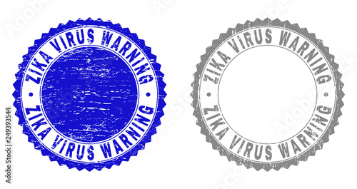 Grunge ZIKA VIRUS WARNING stamp seals isolated on a white background. Rosette seals with grunge texture in blue and grey colors. Vector rubber overlay of ZIKA VIRUS WARNING text inside round rosette.
