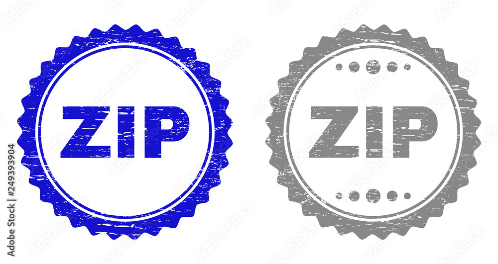 Grunge ZIP stamp seals isolated on a white background. Rosette seals with grunge texture in blue and grey colors. Vector rubber stamp imitation of ZIP label inside round rosette. Grunge ZIP stamp seals isolated on a white background. Rosette seals with grunge texture in blue and grey colors. Vector rubber stamp imitation of ZIP label inside round rosette.